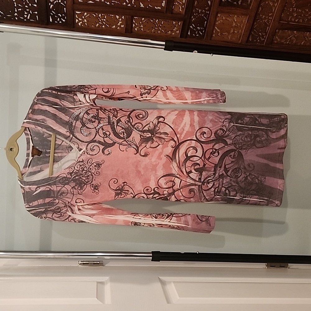 Copper Key Y2k Pink and Grey Rhinestoned Sweater Dress, Junior Size L